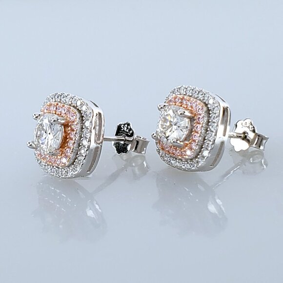 Jewelili Square Shape Stud Earrings with White Diamonds in  925 Sterling Silver Womens Square 2ct Pink & White Diamond Stud Earrings Jewelry